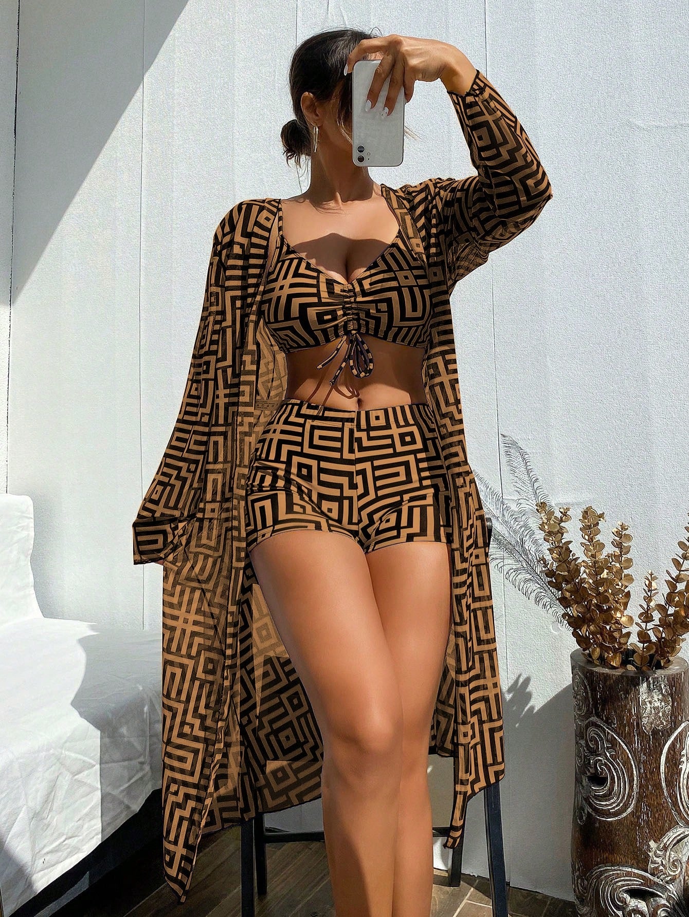 Swim Lushoire New Summer 3-Piece Beachwear Set Featuring A High-Waisted Bikini And A Sheer Long Cover-Up; Showcases A Maze-Pattern Print.Vacation Outfits Women.