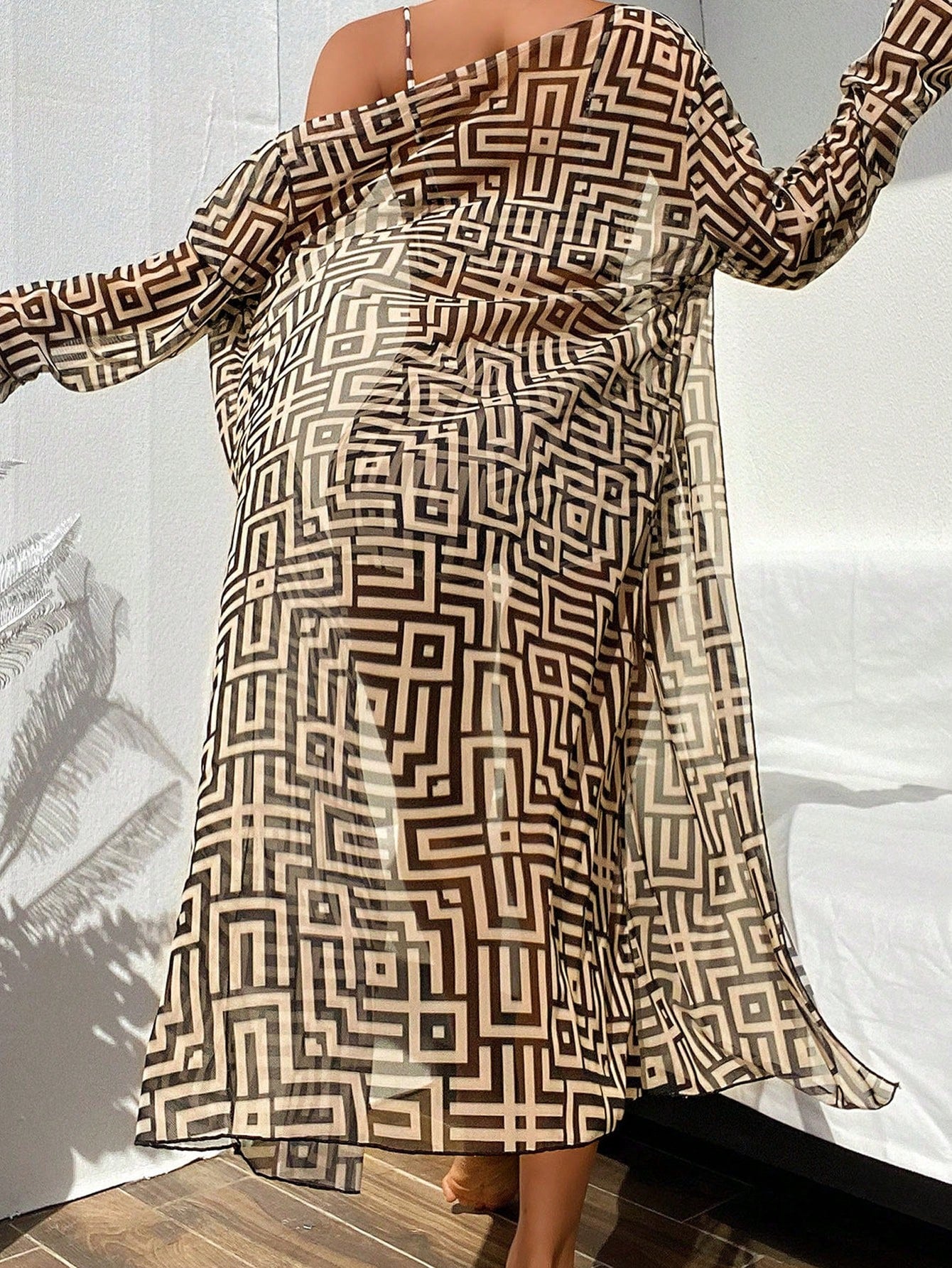 Swim Lushoire New Summer 3-Piece Beachwear Set Featuring A High-Waisted Bikini And A Sheer Long Cover-Up; Showcases A Maze-Pattern Print.Vacation Outfits Women.
