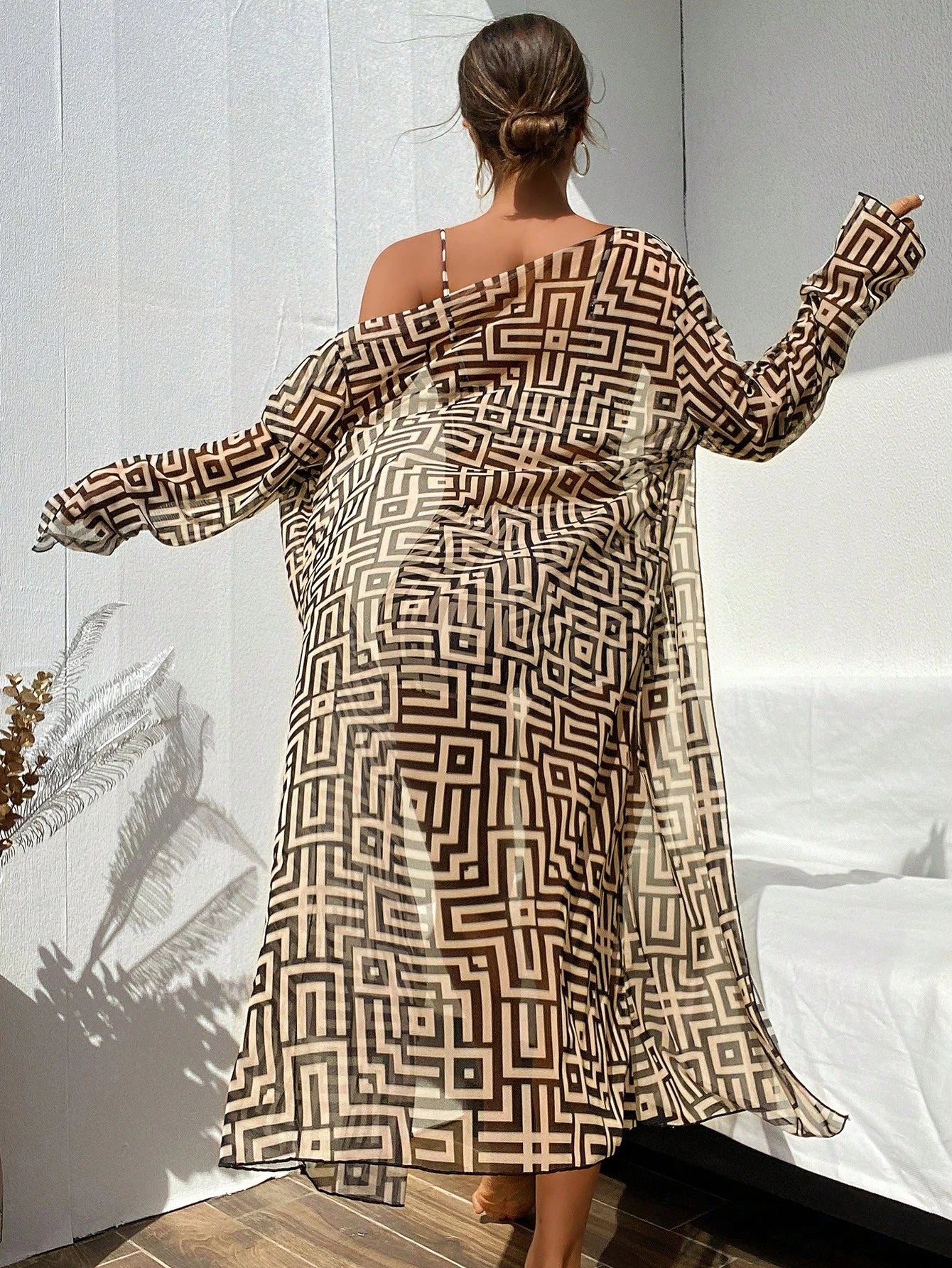 Swim Lushoire New Summer 3-Piece Beachwear Set Featuring A High-Waisted Bikini And A Sheer Long Cover-Up; Showcases A Maze-Pattern Print.Vacation Outfits Women.
