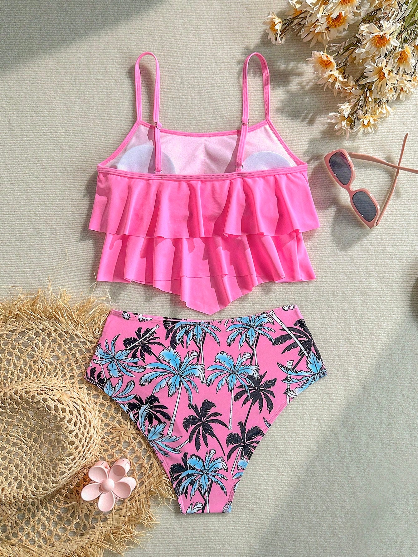 Swim Lushoire Pink Ruffled One-Piece Swimsuit For Women, High Waist, Covers Belly, Coconut Tree Print, Conservative, Two Pieces, Resort, Hot Spring, Swimsuit