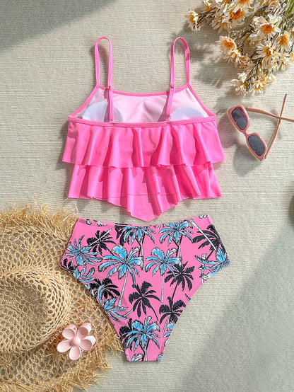 Swim Lushoire Pink Ruffled One-Piece Swimsuit For Women, High Waist, Covers Belly, Coconut Tree Print, Conservative, Two Pieces, Resort, Hot Spring, Swimsuit