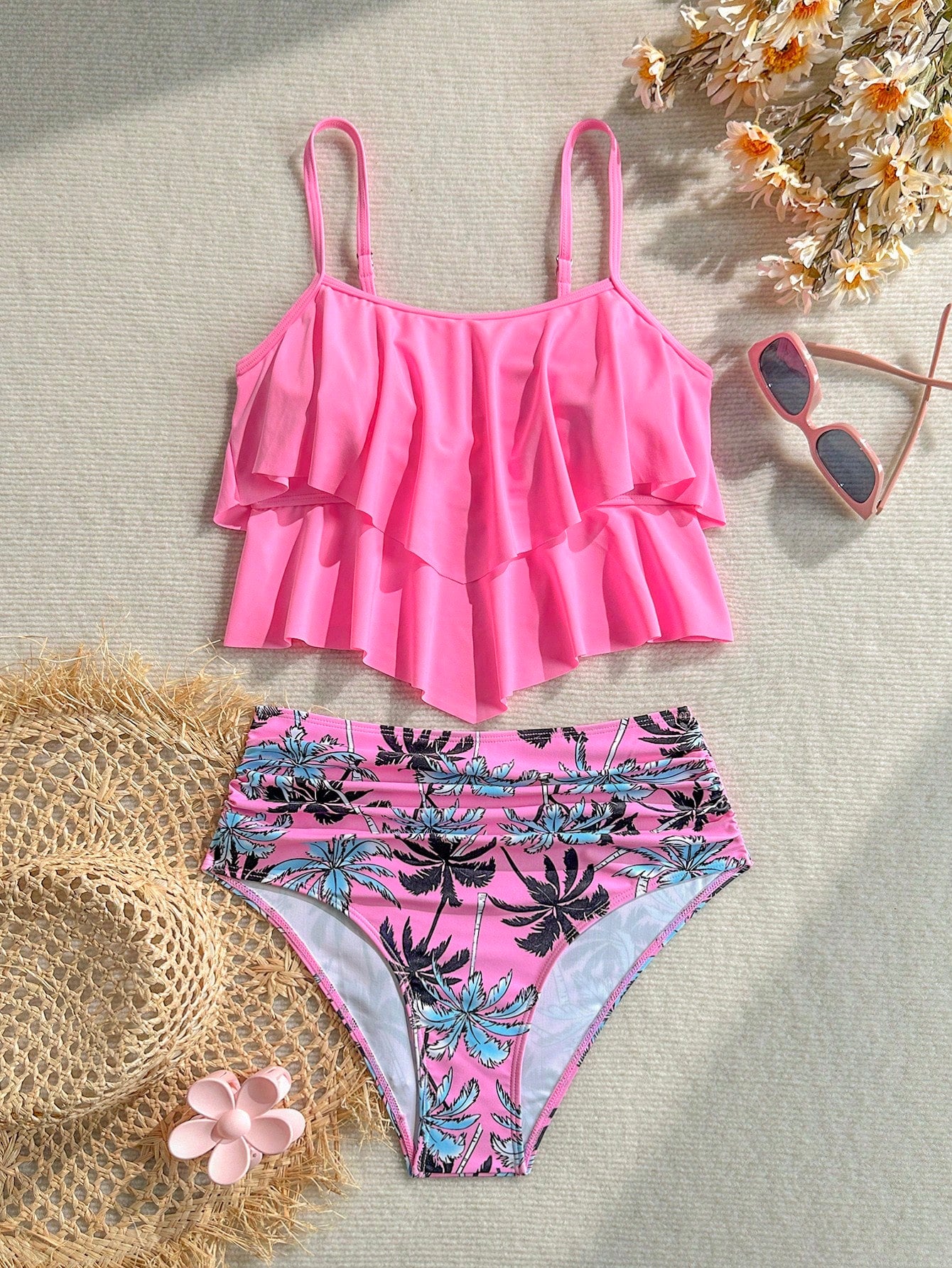 Swim Lushoire Pink Ruffled One-Piece Swimsuit For Women, High Waist, Covers Belly, Coconut Tree Print, Conservative, Two Pieces, Resort, Hot Spring, Swimsuit
