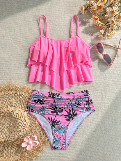 Swim Lushoire Pink Ruffled One-Piece Swimsuit For Women, High Waist, Covers Belly, Coconut Tree Print, Conservative, Two Pieces, Resort, Hot Spring, Swimsuit