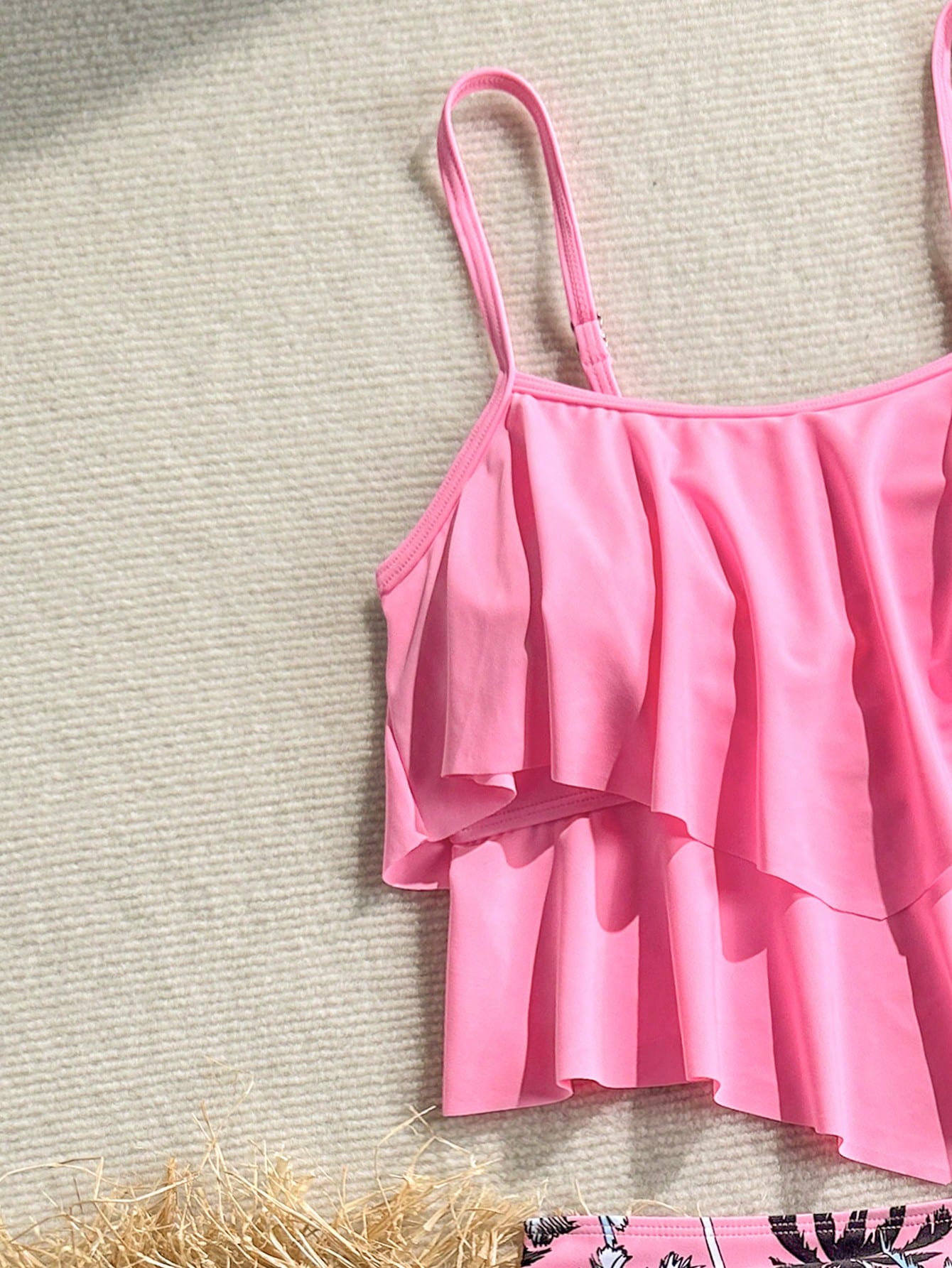 Swim Lushoire Pink Ruffled One-Piece Swimsuit For Women, High Waist, Covers Belly, Coconut Tree Print, Conservative, Two Pieces, Resort, Hot Spring, Swimsuit