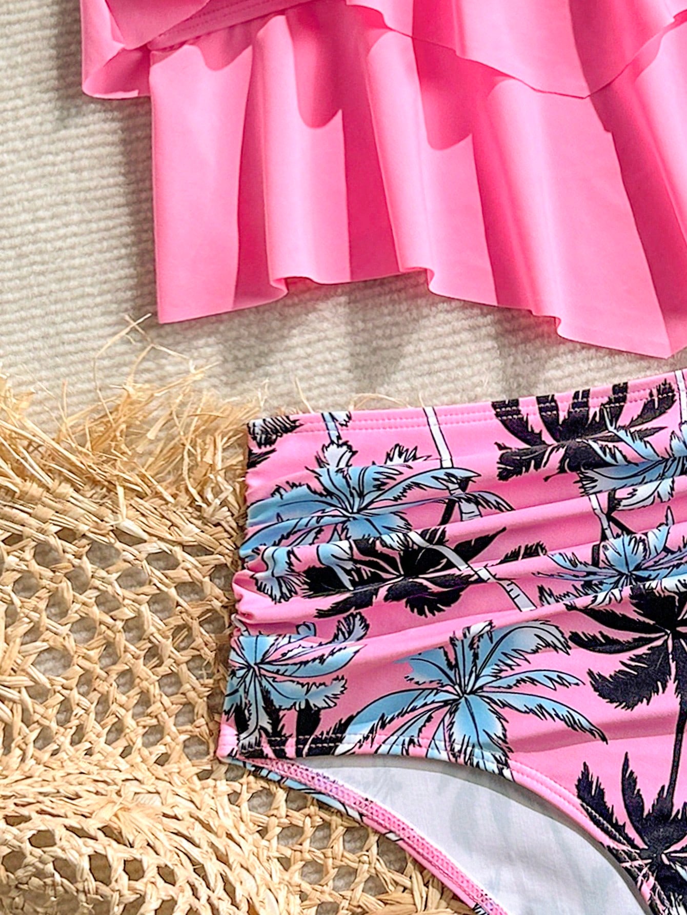 Swim Lushoire Pink Ruffled One-Piece Swimsuit For Women, High Waist, Covers Belly, Coconut Tree Print, Conservative, Two Pieces, Resort, Hot Spring, Swimsuit