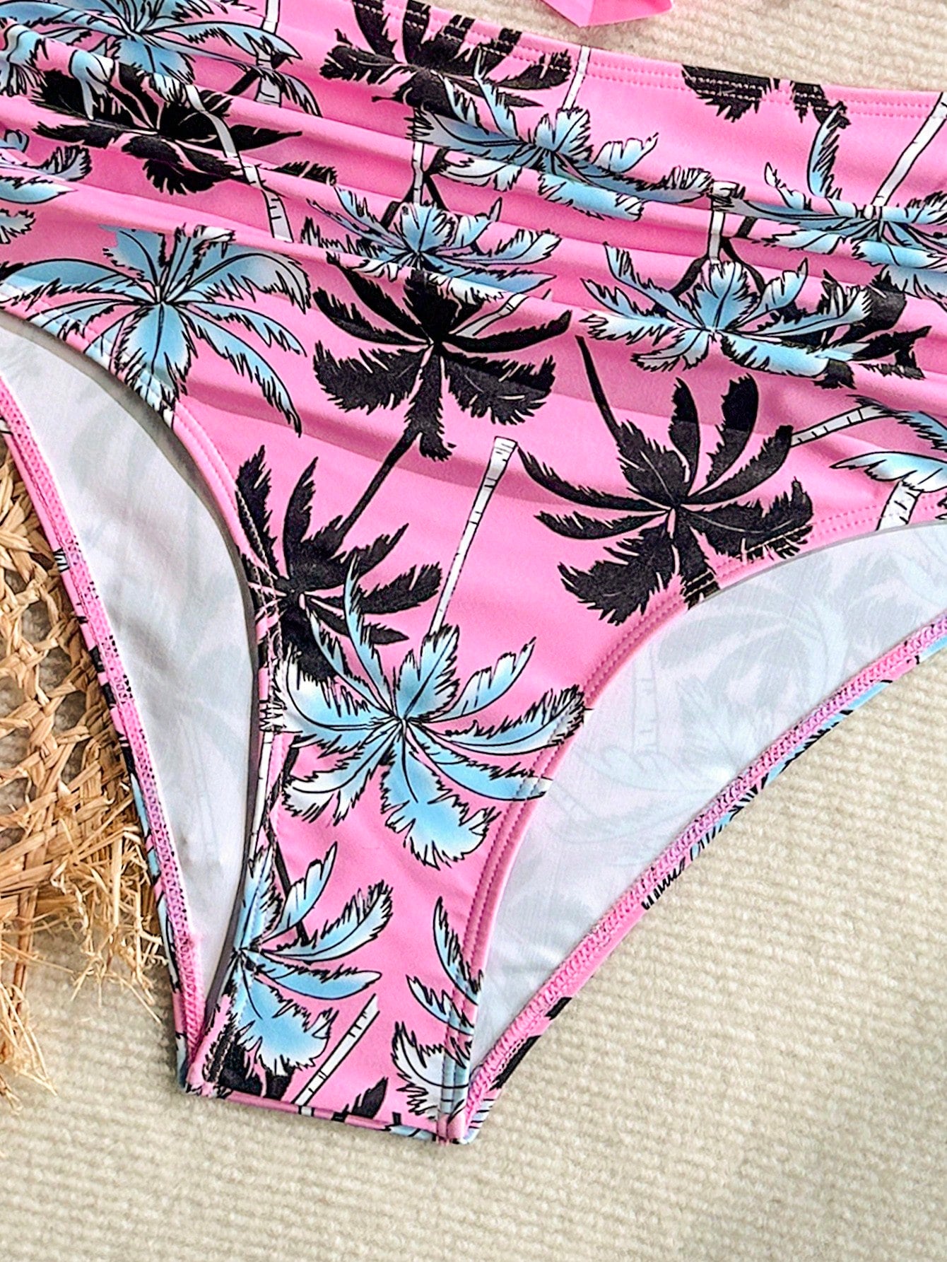 Swim Lushoire Pink Ruffled One-Piece Swimsuit For Women, High Waist, Covers Belly, Coconut Tree Print, Conservative, Two Pieces, Resort, Hot Spring, Swimsuit