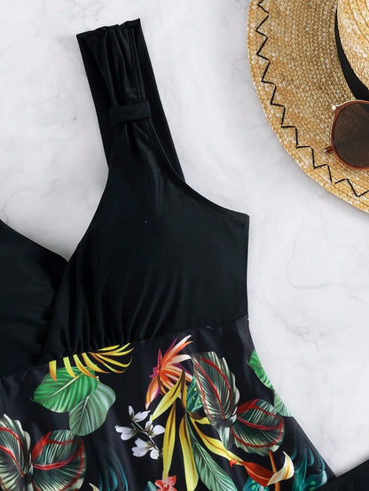 Swim Lushoire Random Tropical Print Tankini Set Knot Strap Longline Tank Top & Boxer Shorts 2 Pieces Swimsuit Summer