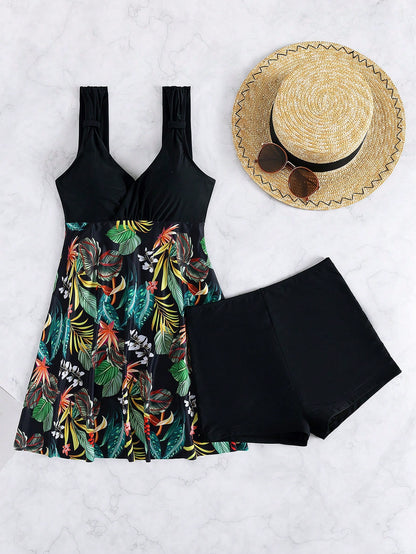 Swim Lushoire Random Tropical Print Tankini Set Knot Strap Longline Tank Top & Boxer Shorts 2 Pieces Swimsuit Summer