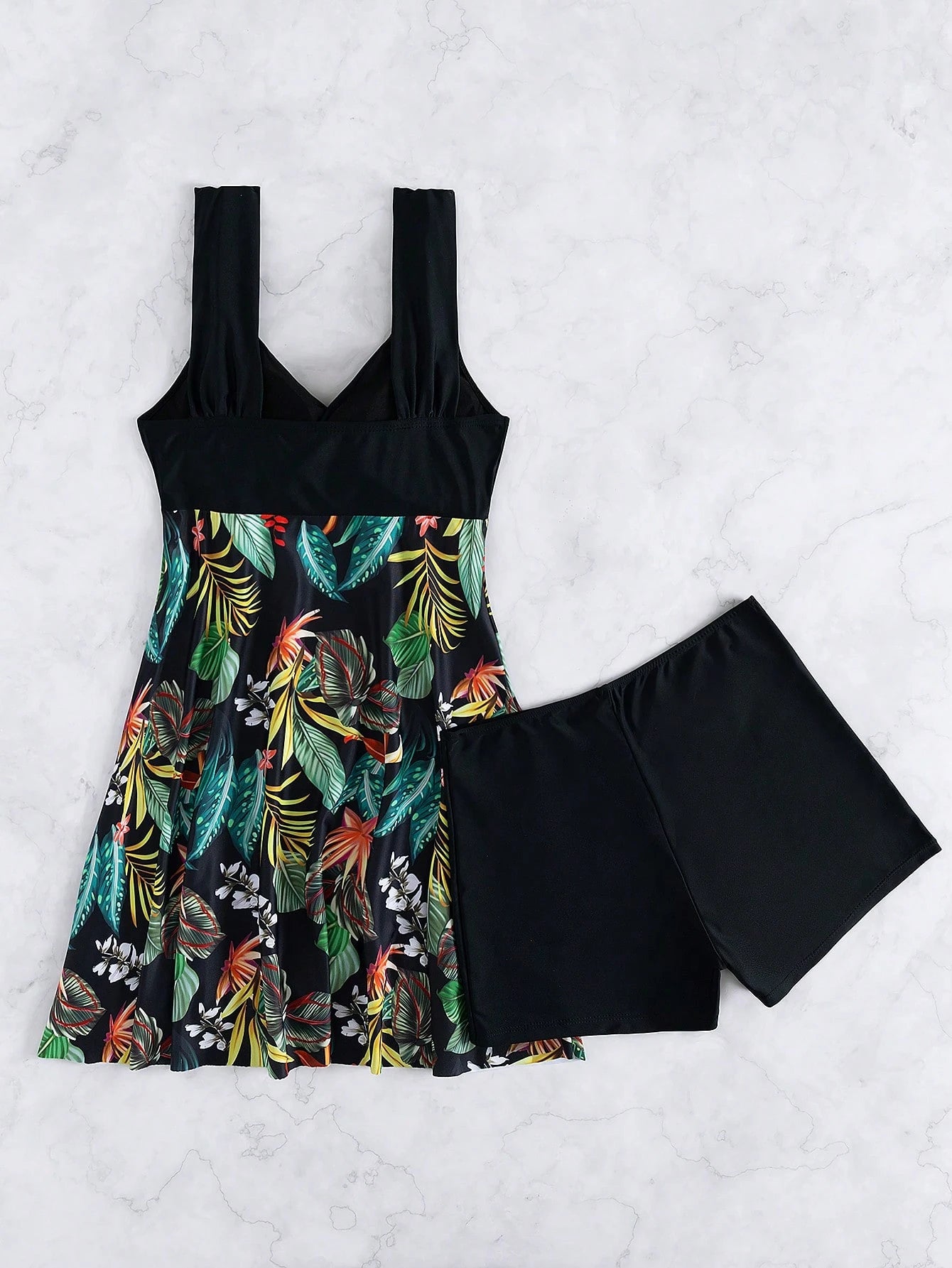 Swim Lushoire Random Tropical Print Tankini Set Knot Strap Longline Tank Top & Boxer Shorts 2 Pieces Swimsuit Summer