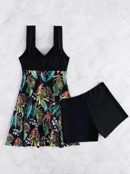 Swim Lushoire Random Tropical Print Tankini Set Knot Strap Longline Tank Top & Boxer Shorts 2 Pieces Swimsuit Summer