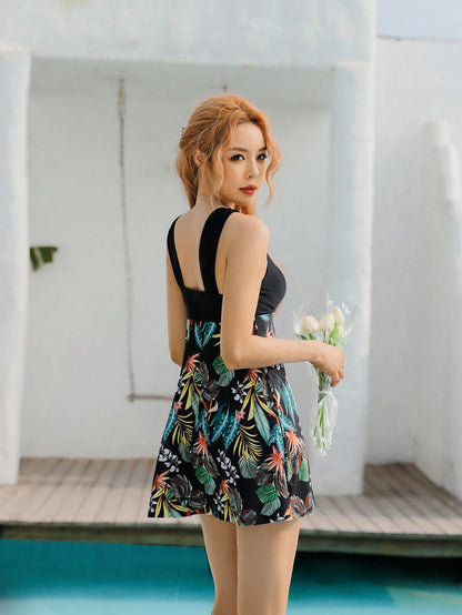 Swim Lushoire Random Tropical Print Tankini Set Knot Strap Longline Tank Top & Boxer Shorts 2 Pieces Swimsuit Summer