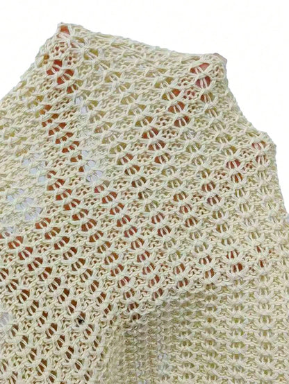 Swim Lushoire Solid Color Ruched Summer Hollow Out Knit Casual Sexy Tropical Cover-Up Beach Party Vacation Beige