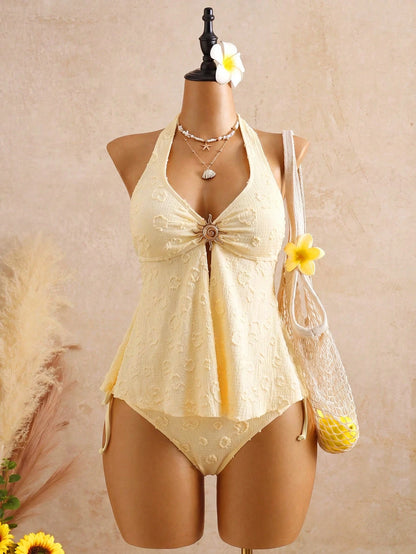 Swim Lushoire Spring/Summer Hot-Selling Beach Vacation Casual Special Jacquard Fabric Spaghetti Strap Tie Back Bow Top + Side Tie Triangle Bikini Bottoms, Summer Outfit, Holiday, Luxury 2-Piece Tank T