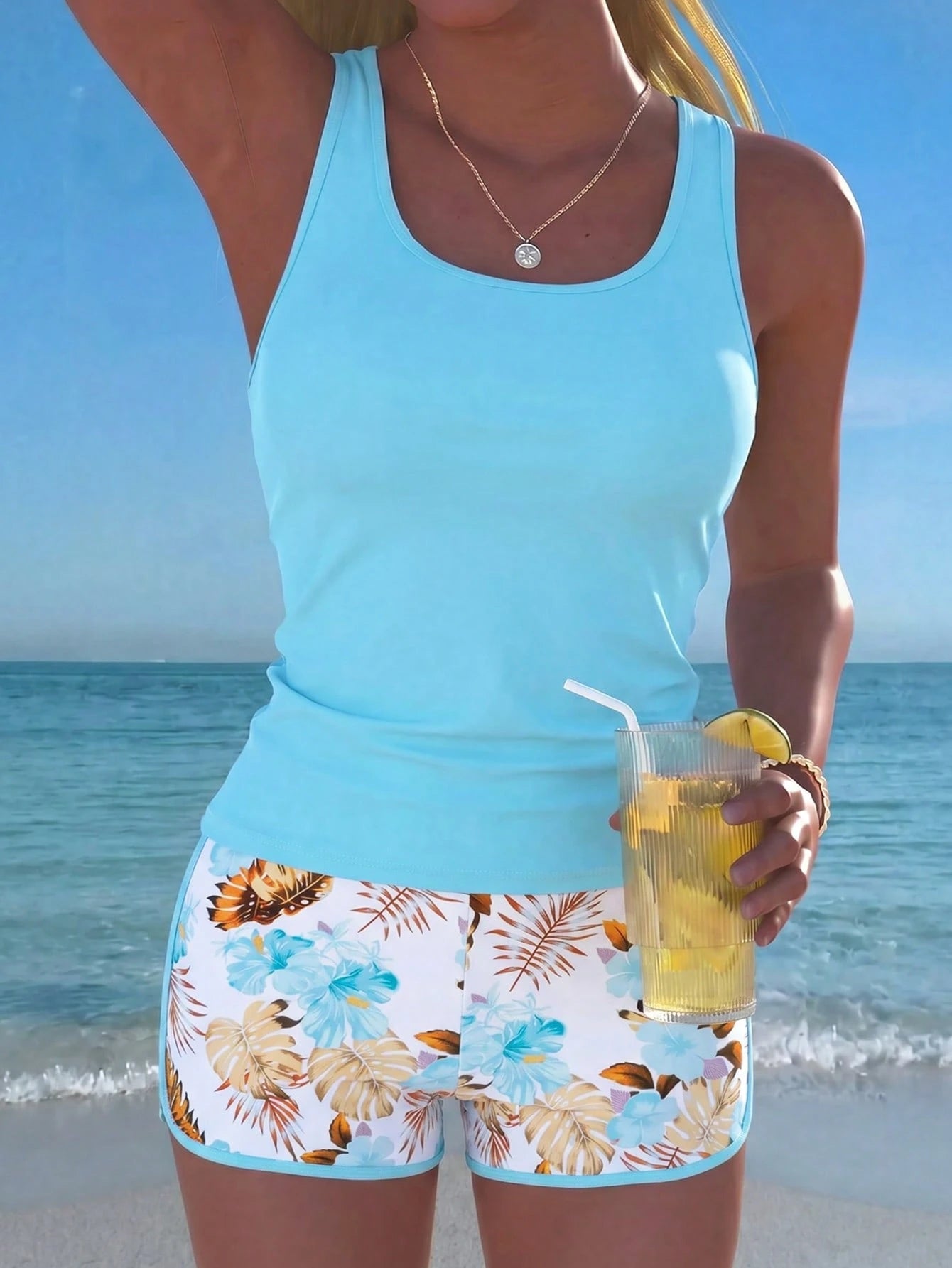 Swim Lushoire Springbreak Women's Beach Vacation Tank Bikini 3-Piece Set Basic Crop Top Floral Print Bikini Set