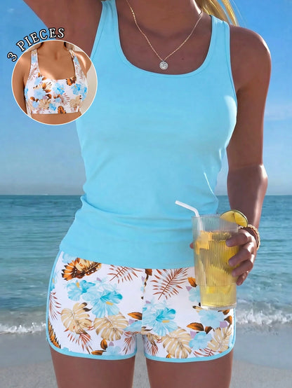 Swim Lushoire Springbreak Women's Beach Vacation Tank Bikini 3-Piece Set Basic Crop Top Floral Print Bikini Set