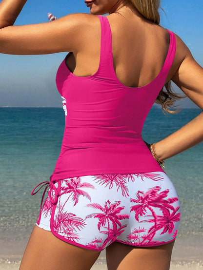 Swim Lushoire Springbreak Women's Beach Vacation Tropical Plant Print Casual Boyshort Supportive Strap Bikini Swimwear For Summer