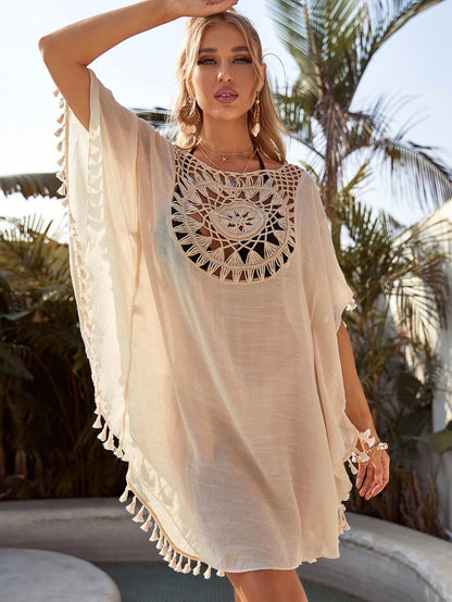 Swim Lushoire Summer Beach Crochet Panel Fringe Decorated Cover Up Dress Wedding