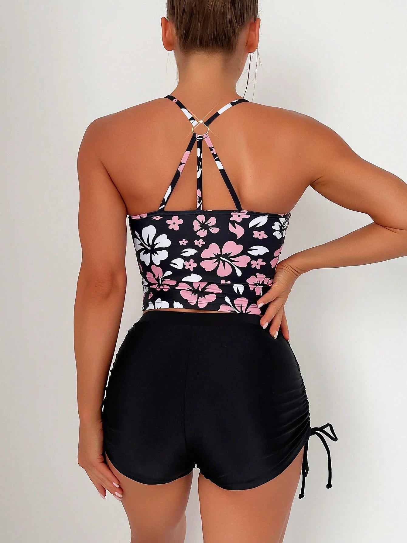 Swim Lushoire Summer Beach Floral Print Drawstring Side Halter Bikini Set
