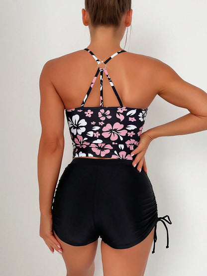 Swim Lushoire Summer Beach Floral Print Drawstring Side Halter Bikini Set