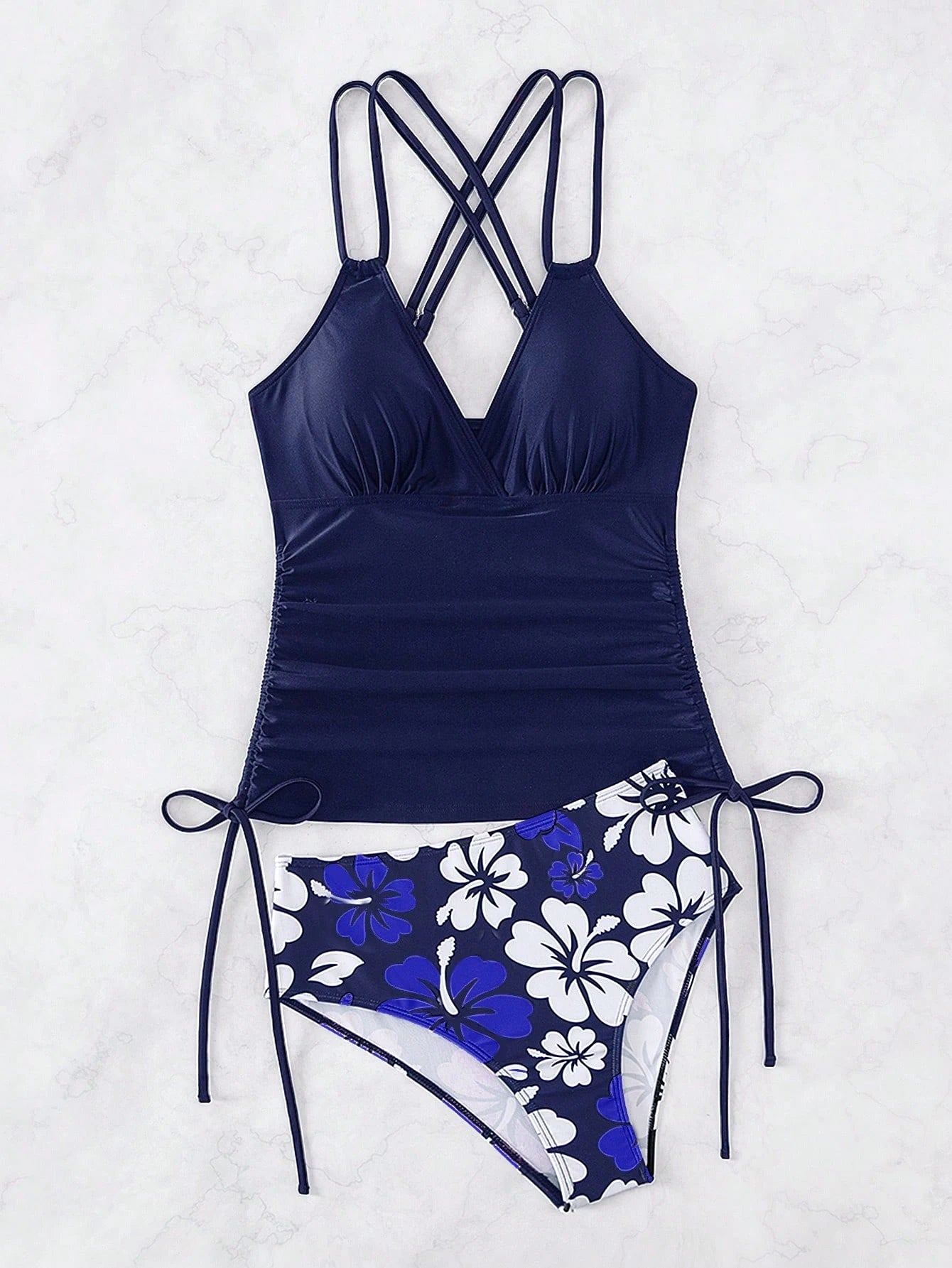 Swim Lushoire Summer Beach Floral Print Drawstring Side Tankini