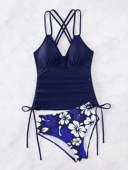 Swim Lushoire Summer Beach Floral Print Drawstring Side Tankini