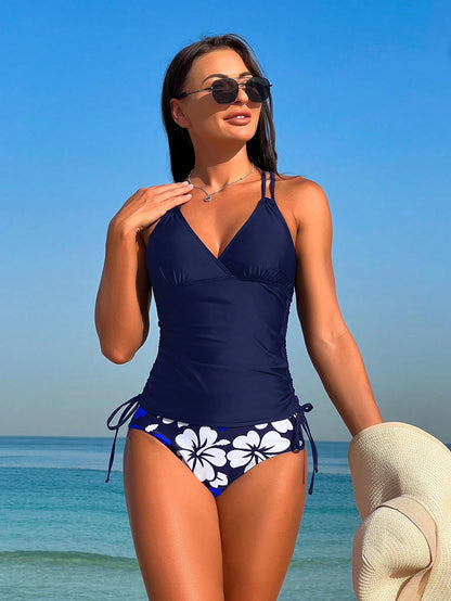 Swim Lushoire Summer Beach Floral Print Drawstring Side Tankini