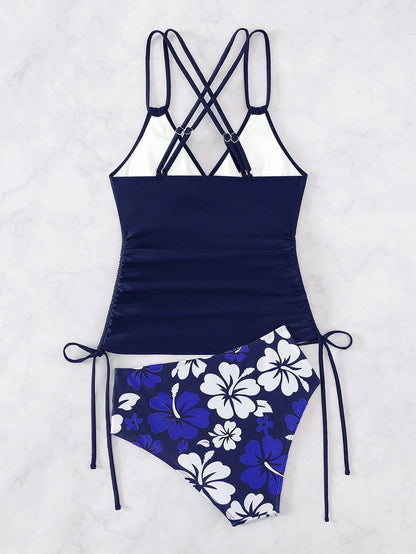 Swim Lushoire Summer Beach Floral Print Drawstring Side Tankini