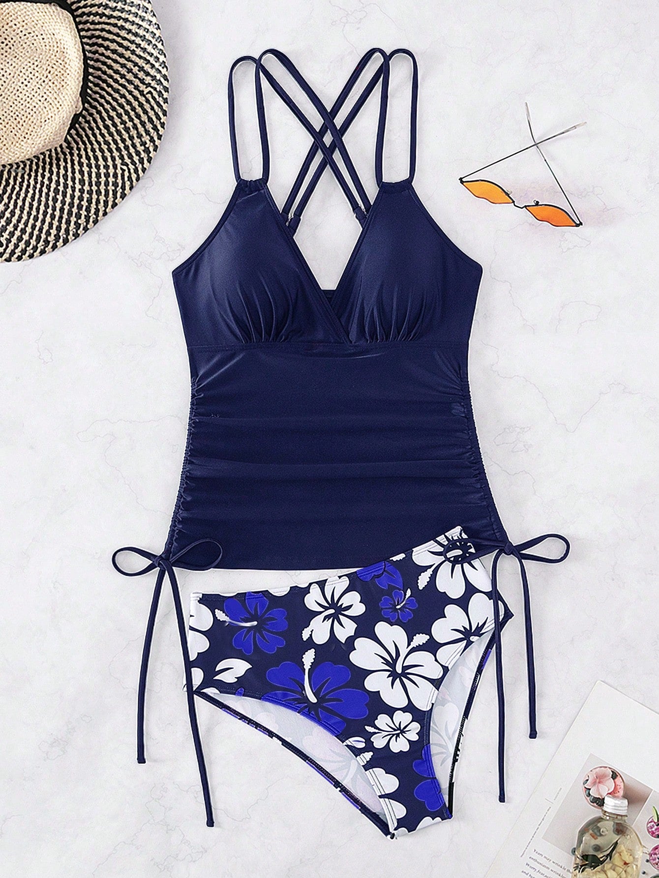 Swim Lushoire Summer Beach Floral Print Drawstring Side Tankini