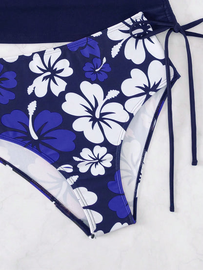 Swim Lushoire Summer Beach Floral Print Drawstring Side Tankini