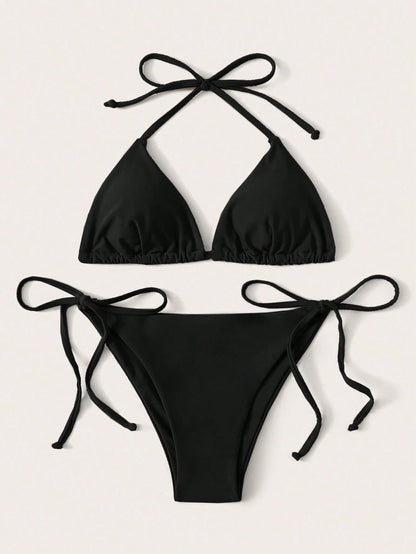 Swim Lushoire Summer Beach Mono Bikini Set Halter Triangle Bra Top & Tie Side Bikini Bottom 2 Piece Bathing Suit