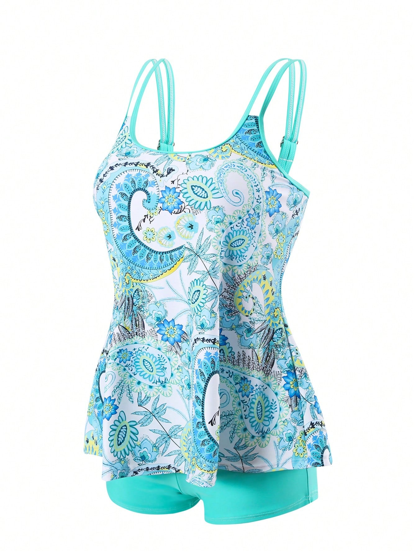 Swim Lushoire Summer Beach Paisley Print Cami Top And Solid Boxer Briefs Two Pieces Swimwear