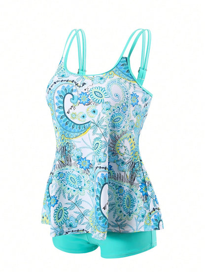 Swim Lushoire Summer Beach Paisley Print Cami Top And Solid Boxer Briefs Two Pieces Swimwear