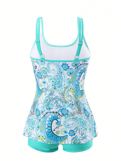 Swim Lushoire Summer Beach Paisley Print Cami Top And Solid Boxer Briefs Two Pieces Swimwear