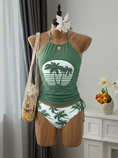 Swim Lushoire Summer Beach Palm Tree Print Drawstring Side Halter Tankini