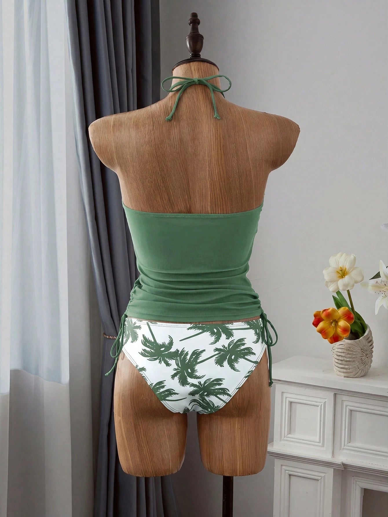 Swim Lushoire Summer Beach Palm Tree Print Drawstring Side Halter Tankini