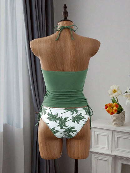 Swim Lushoire Summer Beach Palm Tree Print Drawstring Side Halter Tankini
