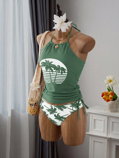 Swim Lushoire Summer Beach Palm Tree Print Drawstring Side Halter Tankini