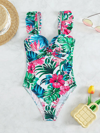 Swim Lushoire Summer Beach Tropical Print Ruffle Trim Twist Front Ruched One Piece Swimsuit