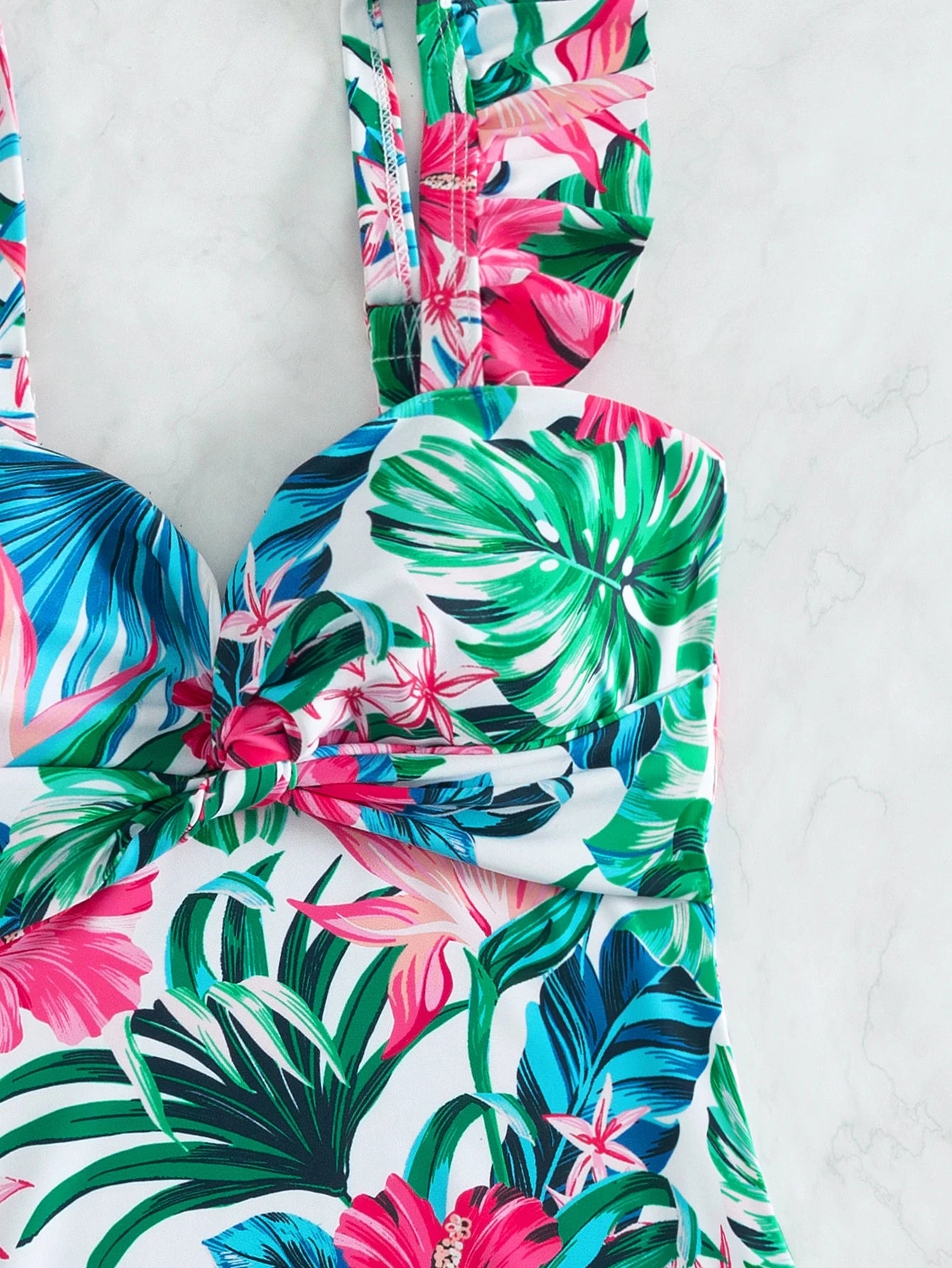 Swim Lushoire Summer Beach Tropical Print Ruffle Trim Twist Front Ruched One Piece Swimsuit