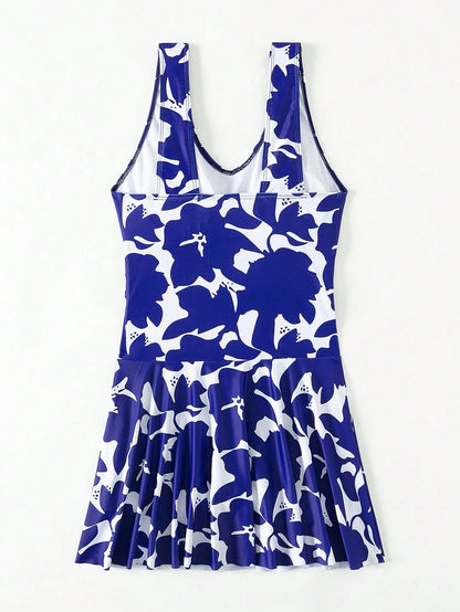 Swim Lushoire Summer Beach V-Neck Dress Swimsuit, Random Print Swim Dressblue Floral Dress