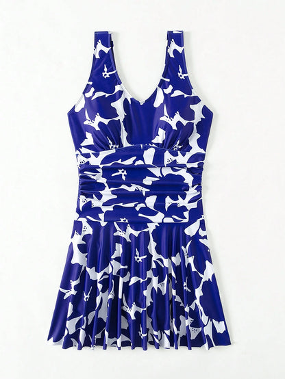 Swim Lushoire Summer Beach V-Neck Dress Swimsuit, Random Print Swim Dressblue Floral Dress