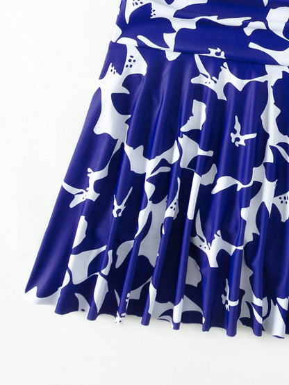 Swim Lushoire Summer Beach V-Neck Dress Swimsuit, Random Print Swim Dressblue Floral Dress