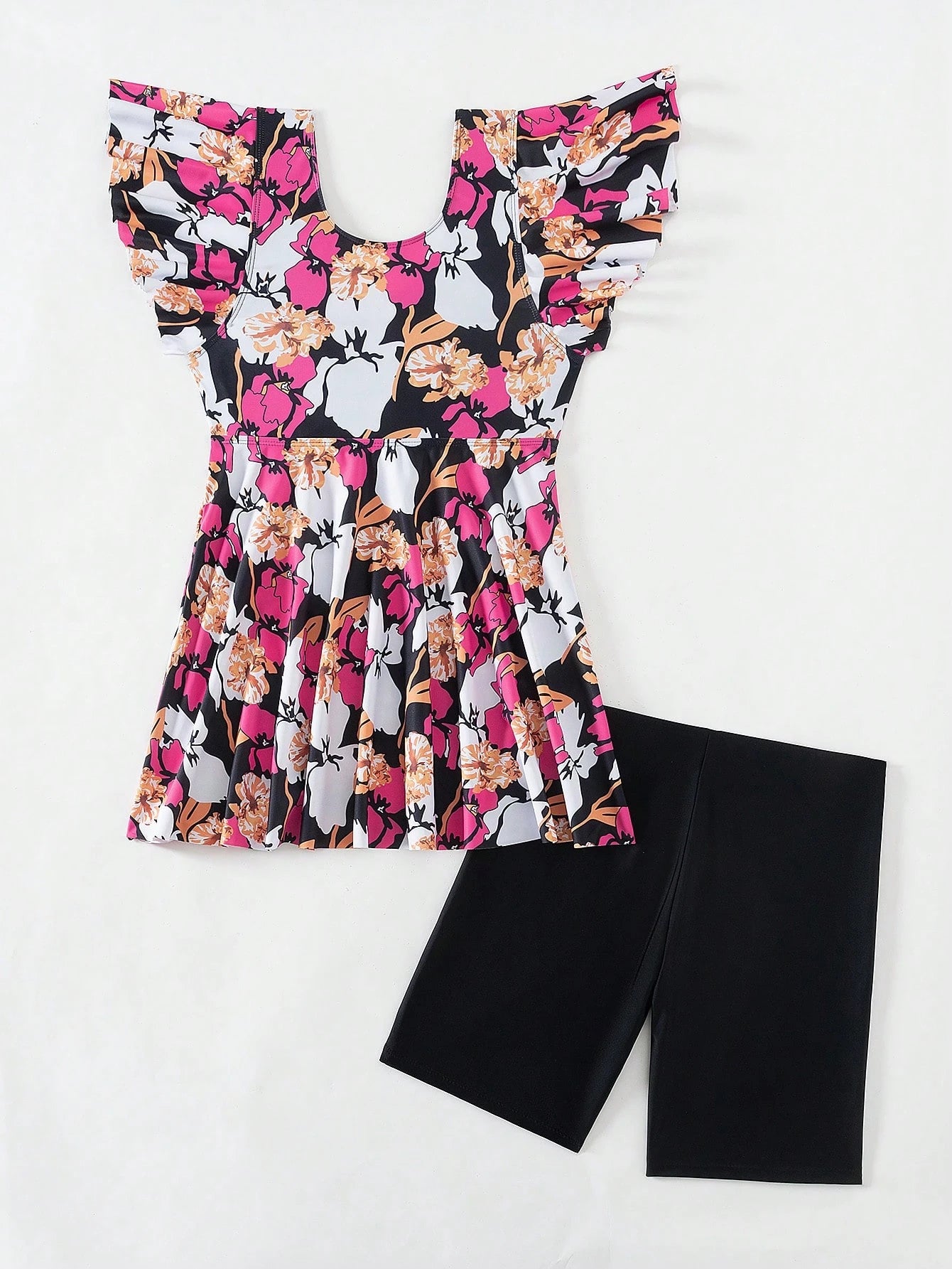 Swim Lushoire Summer Beach Women's Ruffle Sleeve Floral Print Top And Solid Color Swim Shorts