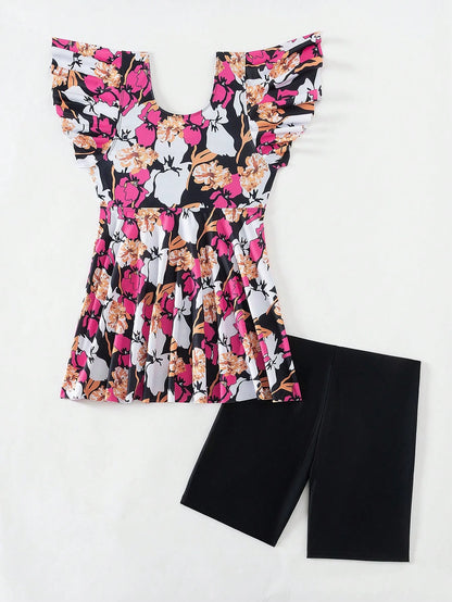 Swim Lushoire Summer Beach Women's Ruffle Sleeve Floral Print Top And Solid Color Swim Shorts