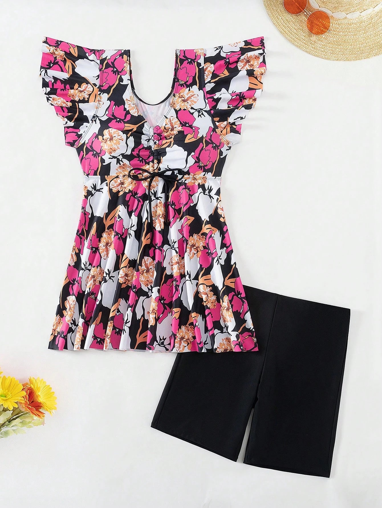Swim Lushoire Summer Beach Women's Ruffle Sleeve Floral Print Top And Solid Color Swim Shorts