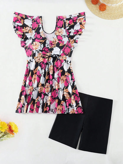 Swim Lushoire Summer Beach Women's Ruffle Sleeve Floral Print Top And Solid Color Swim Shorts
