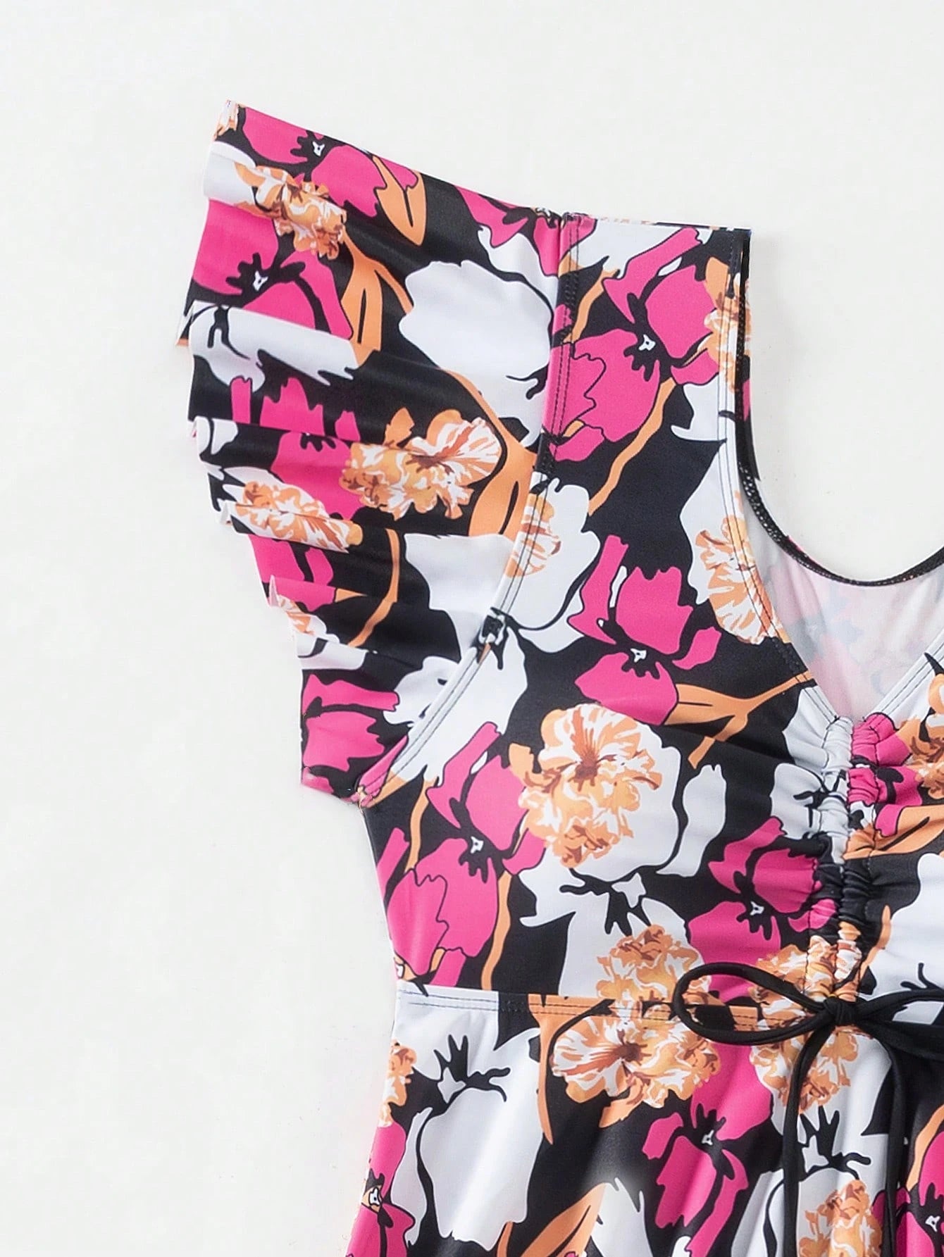 Swim Lushoire Summer Beach Women's Ruffle Sleeve Floral Print Top And Solid Color Swim Shorts