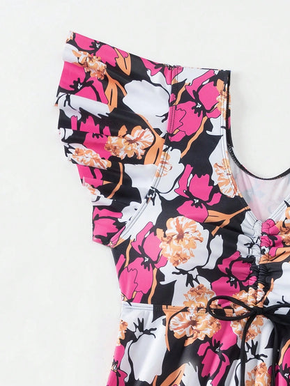 Swim Lushoire Summer Beach Women's Ruffle Sleeve Floral Print Top And Solid Color Swim Shorts