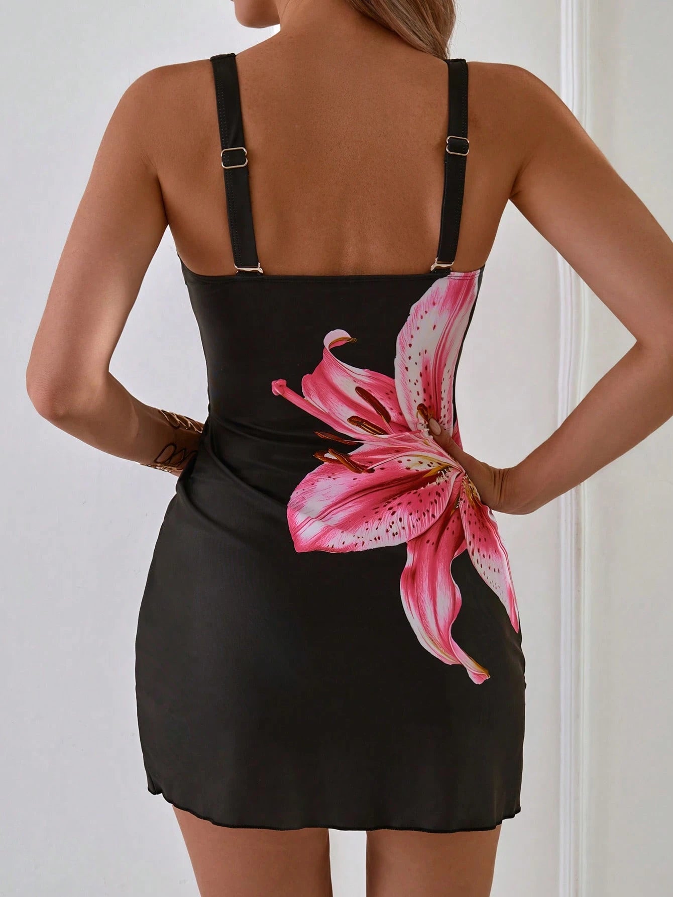 Swim Lushoire Summer Elegant Minimalist Side Drawstring Floral Printed Swim Dress & High Waisted Solid Color Bikini Bottom