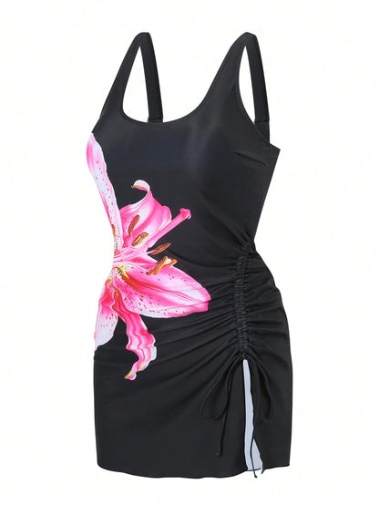 Swim Lushoire Summer Elegant Minimalist Side Drawstring Floral Printed Swim Dress & High Waisted Solid Color Bikini Bottom